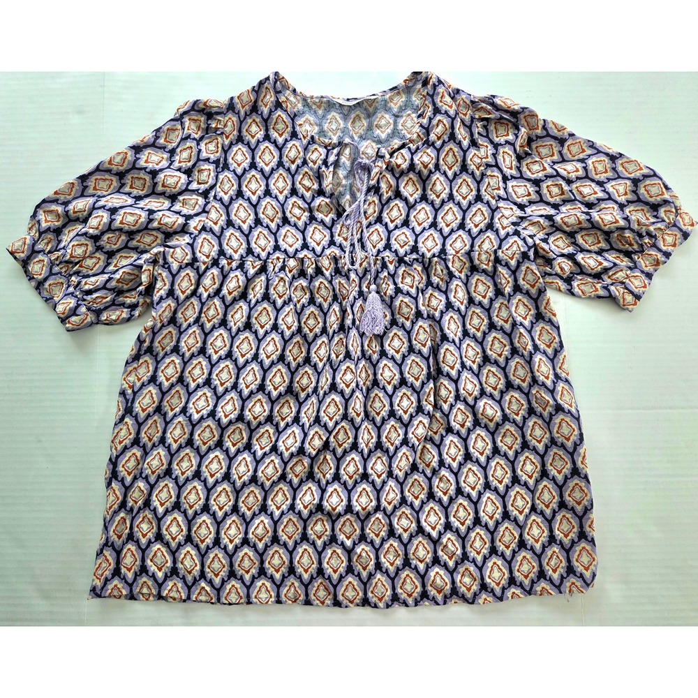 PrettyGarden Womens Purple Geometric Boho Puff Sleeve Tassel Tie Blouse Small